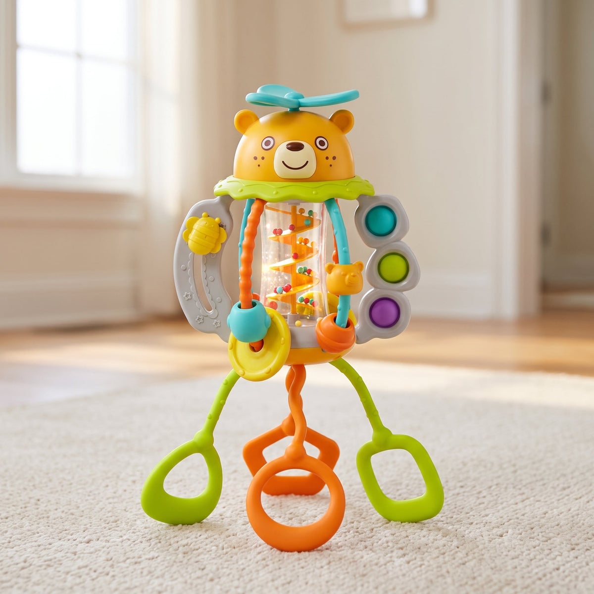Bear Rattle & Teether — 3-in-1 Pull-String Sensory Toy for Babies