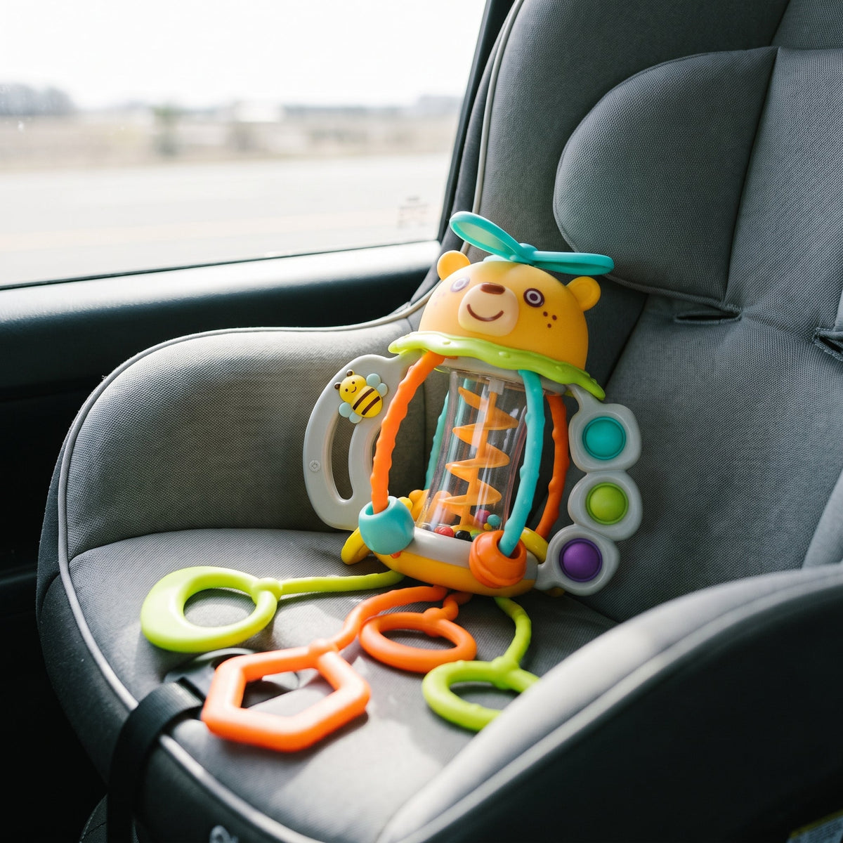 Bear Rattle & Teether — 3-in-1 Pull-String Sensory Toy for Babies