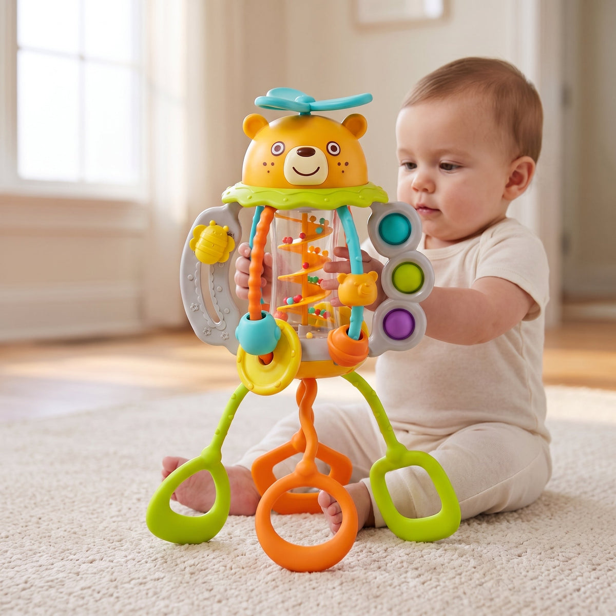 Bear Rattle & Teether — 3-in-1 Pull-String Sensory Toy for Babies