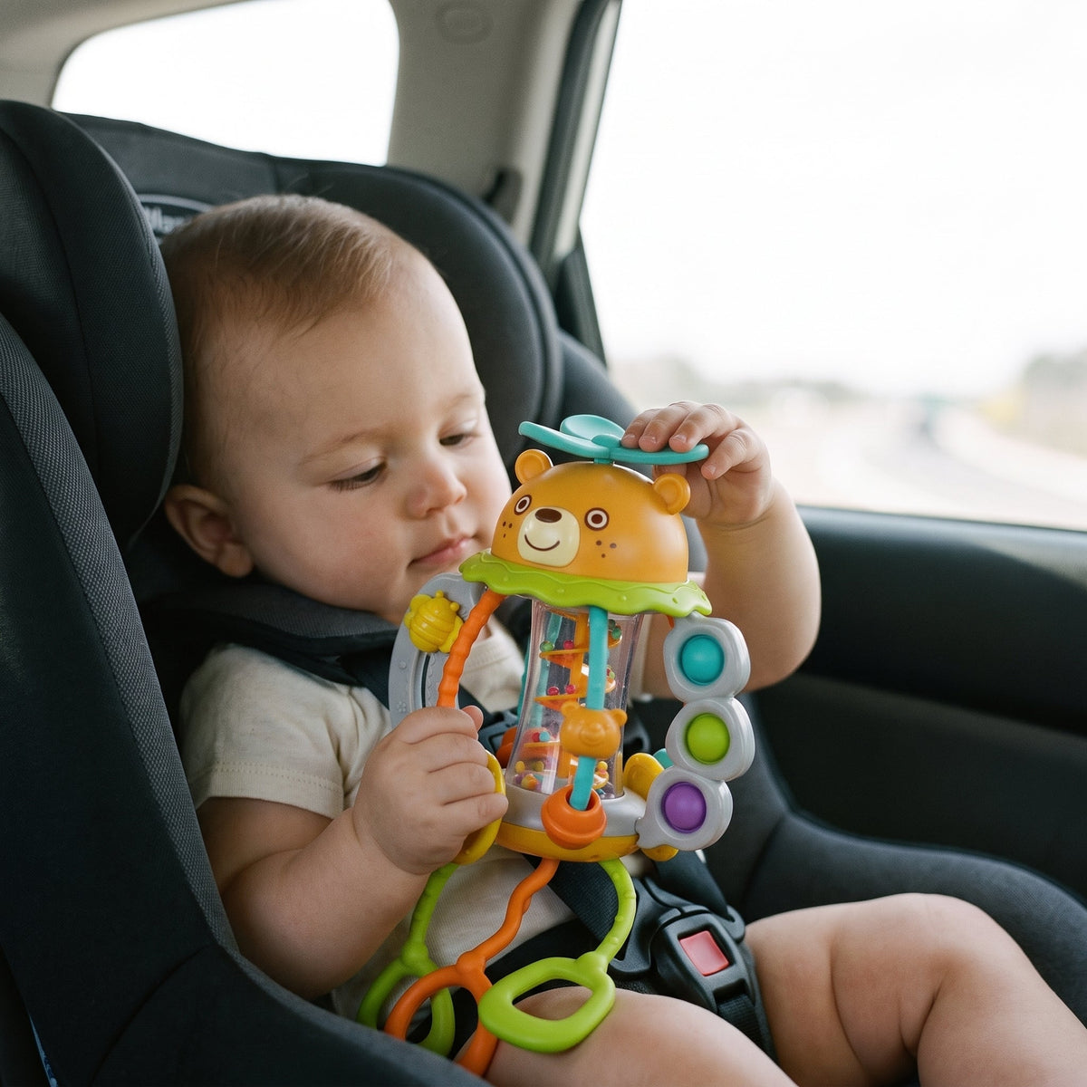 Bear Rattle & Teether — 3-in-1 Pull-String Sensory Toy for Babies