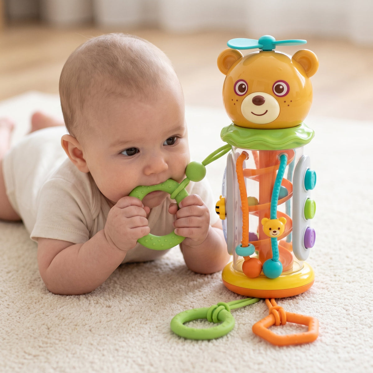 Bear Rattle & Teether — 3-in-1 Pull-String Sensory Toy for Babies