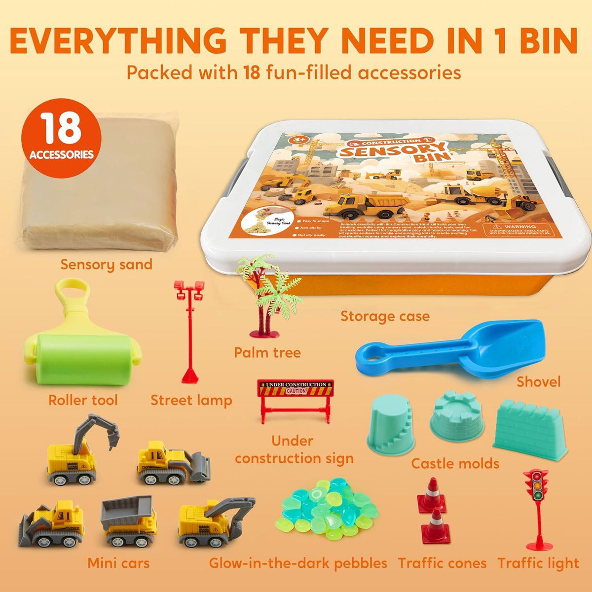 Kinetic Sand Sensory Bin, 18-Piece Set, With Glow Stones